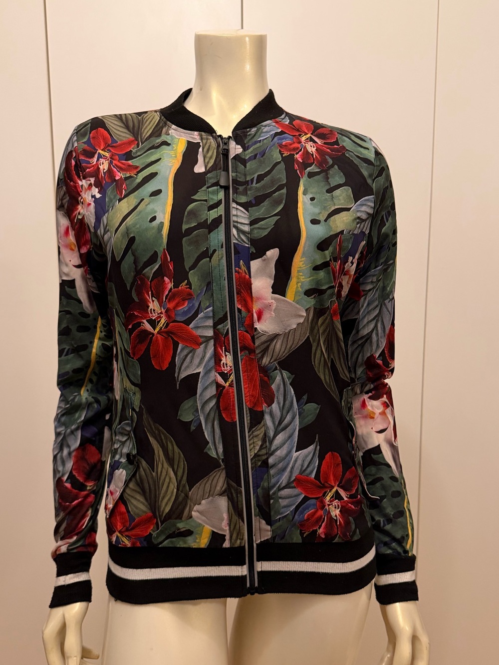 C&C California Floral Print Bomber Jacket - Black with Red & Green